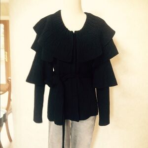 EllieTahari Tiered Collar Black Wool Belt Cardigan